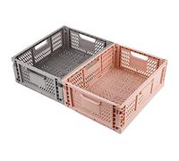 Spesh 2 Pcs Collapsible Crates Storage Boxes Stackable Storage Baskets Plastic Folding Crate Boxes with Handles for Kitchen,Living Room,Office(40 * 30 * 15cm,Pink+Grey)