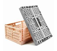 Spesh 2 Pcs Collapsible Crates Storage Boxes Stackable Storage Baskets Plastic Folding Crate Boxes with Handles for Kitchen,Living Room,Office(30*20*12cm,Pink+Grey)