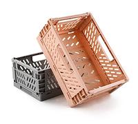 Spesh 2 Pcs Collapsible Crates Storage Boxes Stackable Storage Baskets Plastic Folding Crate Boxes with Handles for Kitchen,Living Room,Office(22*15*9cm,Pink+Grey)