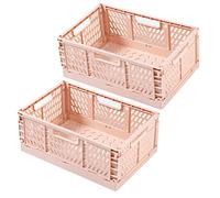 Spesh 2 Pcs Collapsible Storage Boxes Stackable Storage Baskets Folding Plastic Crates Foldable Crate Bins with Handles for Desk,Shelf,Cupboard(Pink, 30*20*12cm)