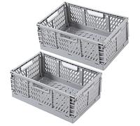 Spesh 2 Pcs Collapsible Storage Boxes Stackable Storage Baskets Folding Plastic Crates Foldable Crate Bins with Handles for Desk,Shelf,Cupboard(Grey,30*20*12cm)