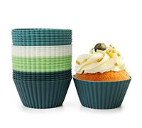 Spesh 24 Pcs Silicone Muffin Cups Non-Stick Silicone Cupcake Cases for Baking Reusable Baking Cups for Cupcakes, Muffins, Brownies, 4 Colors(Withe+Green+Cyan+Blue)