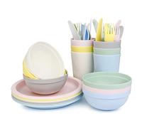 Spesh Kids Dinner Sets Plastic for 6 People, Reusable Camping Plates and Bowls Childrens Plastic Cutlery Set Including Bowls,Plates,Cups,Knives,Forks,Spoons(6 Colours)