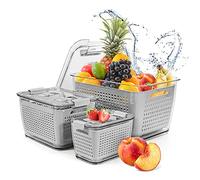 Spesh Set of 3 Fresh Food Storage Containers(4.5 L + 1.7 L + 0.5 L) Vegetable Crisper Boxes Plastic Fridge Storage Organisers with Lid and Vent (Grey)