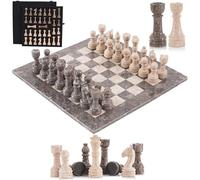 SPESHSTONES Marble Chess Set for Adults 38 cm Handmade Oceanic and Travertine Chess Board Games with Storage Box, Travel Chess Game with Chess Pieces & 2 Extra Queens, Gifts & Home Décor