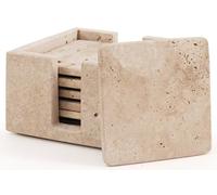 SPESHSTONES Marble Coasters, Set of 6 Square 9cm Travertine Coasters for Drinks with Holder, Perfect Coaster for Gifts, Dining Table and Home Decor (Travertine Coaster with Holder)