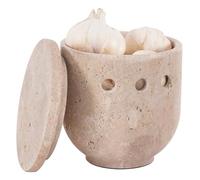 SPESHSTONES Marble Garlic Keeper 4.5 Inch Oceanic Handmade Storage Container for Kitchen Counter Decor - Stone Holder for Fresh Garlic & Ginger Jar (Travertine Earthy Shades)