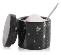 SPESHSTONES Marble Salt Cellar with Lid and Spoon 3 Inch Handmade Black Small Seasoning Containers - Decorative Spice Jars, Sugar Bowl & Flaky Salt Dish for Kitchen Countertop Storage