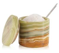 SPESHSTONES Marble Salt Cellar with Lid and Spoon 3 Inch Handmade Green Small Seasoning Containers - Decorative Spice Jars, Sugar Bowl & Flaky Salt Dish for Kitchen Countertop Storage