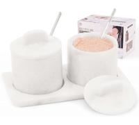 SPESHSTONES Marble Salt Cellar With Tray Set of 2 White 4 Inch Salt Holder & Sugar Bowl With Lid for Kitchen Decor and Accessories, Small Set of 2 Stone Salt Containers for Countertop, Spice Jar