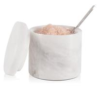 SPESHSTONES Marble Salt Jar with Lid and Spoon 7.5cm White Handmade Spice Jars for Kitchen Storage - Flake Salt Holder, Decorative Sugar Bowl and Small Spice Containers for Countertop Decoration