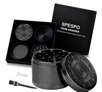 Spespo Aluminium Premium Herb Grinder 2.5inch with Embossed Flower, 4 Pieces, Large Grinder with Pollen Scraper (Black)