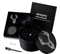 Spespo Herb Grinders | Large Spice Crusher 63mm, 4 Layers Metal Grinder with Pollen Scraper and Brush | for Spices, Herbs & Tea | Black Gift Box (Deer Carving)