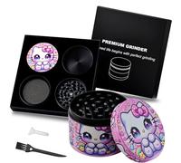 Spespo Herb Grinders, Spice Crusher 50mm, 4 Layers Metal Grinder with Pollen Scraper and Brush, for Spices, Herbs & Tea, Black Gift Box (Pink Cat)