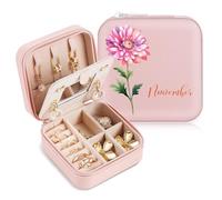 SPETYORT Personalized Travel Jewellery Box with Mirror, Small Jewellery Box with Colorful Birth Flower and Name, Jewellery Travel Case for Rings, Earrings, Necklaces, Personalized Gifts for Women