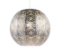 Spherical Moroccan Pendant Lighting Shade in Shiny Silver Metal - Vintage and Classic Design | 30cm x 26cm by Happy Homewares