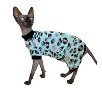 Sphynx Cat Four Leg Cotton Pajamas Elastic Pet Clothes for Hairless Cats Surgery Recovery Suit Undershirt Thermal Clothes for Sphynx, Devon, Cornish (Mint Leopard, XL)