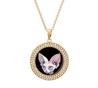 Sphynx Cat Head Novelty Necklace Round Pendant Diamond Jewelry Gifts For Men Women Golden-style-29