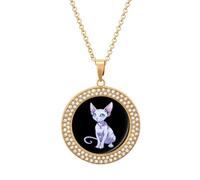 Sphynx Cat Novelty Necklace Round Pendant Diamond Jewelry Gifts For Men Women Golden-style