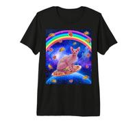Sphynx Cat Riding Pizza in Space Galaxy Taco Doughnut Cats Premium T-Shirt