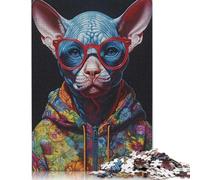 Sphynx Cat with Sunglasses Puzzle Jigsaws 500 Pieces for Adults Wooden Puzzle Jigsaws for Adults Family Activity Jigsaw Puzzles 500pcs (52x38cm)