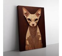 Sphynx Cat Wood Carving Canvas Wall Art Print Ready to Hang, Framed Picture for Living Room Bedroom Home Office Décor, 76x50 cm (30x20 Inch)