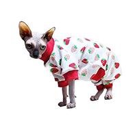 Sphynx Cats Clothes Onesies Pajamas -Cat Wear Cute Strawberry Print Soft 100% Cotton Warm Jumpsuit for Hairless Cat, Cornish Rex, Devon Rex, Peterbald M