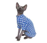 Sphynx Hairless Cat Cute Summer Cotton T-Shirts Pet Clothes,Round Collar Kitten Shirts Cats Apparel (Blue Houndstooth, S (3.3-4.4 lbs))