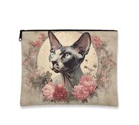 Sphynx Vintage Cat Floral Makeup Bag for Women, Portable Travel Canvas Pouch with Zipper, Animal Lover Gift, Toiletry Bag, beige, 7x9 Inch, Cat