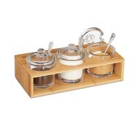 Relaxdays 3X Spice Jars, Bamboo Holder, Glass Bowl, Spoon & Lid, Salt Container, 11 x 27 x 13 cm, Natural/Transparent