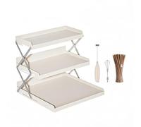 Spice Rack, Carbon Steel Foldable Kitchen Storage, 3-Tier Cup Organizer, 2-Level Adjustable, Cream Counter Shelves, Includes Milk Frother and 100 Straws
