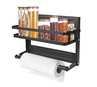 Spice Rack Magnetic Shelf, Foldable Refrigerator Spice Organizer with Paper Towel Holder Roll & 6 Hooks Metal Hanging Spice Storage Stand Wall Mounted No Drilling Seasoning Organizer for Home Kitchen