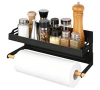 Spice Rack Magnetic Shelf, Refrigerator Spice Organizer with Paper Towel Holder Roll Metal Hanging Spice Storage Stand Wall Mounted No Drilling Seasoning Organizer for Home Kitchen 34.5x10x14cm, Black