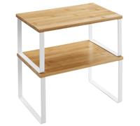 SONGMICS Spice Rack, Set of 2 Cupboard Shelf Organiser, Expandable Kitchen Shelf Organiser, Stackable Spice Holder, Metal and Engineered Wood, White and Natural KCS02NW