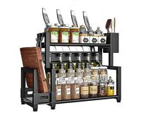 Spice Rack Standing 2 Tiers Large Capacity Storage Kitchen Shelf, Metal Rustproof Organiser for Worktop Storage with Utensil Holder, Chopping Board Holder, with 6 Hooks, Black