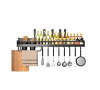 Spice Rack Wall Mount,Kitchen Hanging Storage Shelves Wall Seasoning Organizer Kitchen Knives Rack with 2 Utensil Holders and 8 Hooks Bear The Weight ：50kg/110lbs Black 50cm
