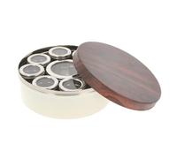 Spice Tin Box Stainless Steel Masala Dabba with Wooden Effect Lid Large Modern Indian Spice Tiffin Storage Container with 9 Individual Jars Ideal for Home Kitchen Gift, Cream