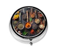 Spices Printed Round Pill Organizer with 3 Compartments, Portable Mini Pill Box Pill Case for Medicine, Vitamin, Fish Oil, Supplements