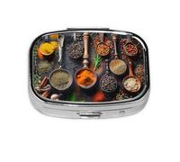 Spices Printed Square Pill Organizer with 2 Compartments, Portable Mini Pill Box Pill Case for Medicine, Vitamin, Fish Oil, Supplements
