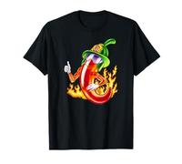 Spicy Firefighter Chili Cartoon Funny Fire Hero Drawing T-Shirt