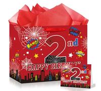 Spider 2nd Birthday Gift Bag for Boys, Large Red Black Second Happy Birthday Bags with Tissue Paper and Greeting Card for Kids 2 Years Old Spider Web Cartoon Party Decorations Supplies Favors Decor
