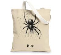 Spider Canvas Tote Bags, Black Spider Print Reusable Grocery Bags, Vintage Minimalistic Lightweight Washable Shoulder Strap, Beige, 13x15 Inch