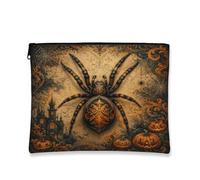 Spider Canvas with Zipper, Gothic Spooky Castle Pumpkins Halloween Orange Canvas with Zipper Small Skincare Bag for Travel, Vanity, Bathroom, Purse Storage and Daily Use, Orange, 7x9 Inch, Gothic