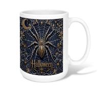 Spider Ceramic Coffee Mug, Gothic Elegant Web Moon Halloween Dark Blue Novelty Tea Cup with Handle Ideal for Friends Family Lovers Eldership Senior Co-worker 15 Oz