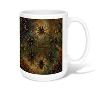 Spider Ceramic Coffee Mug, Spooky Artistic Crescent Moon Web Halloween Black Novelty Office Drinking Cup with Handle Ideal for Friends Family Co-worker Lovers Eldership Senior 15 Oz