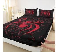 Spider Fitted Sheet Double Size,Red Spider Web Print Bedding Set 3pcs,Gothic Arachnid Animals Halloween Theme Black Bed Cover with 2 Pillowcases,Kids Boys Girls Room Decor,Soft Bedding(No Flat)