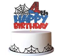 Spider Happy 4th Birthday Cake Topper - Cartoon Movie 4th Birthday Cake Supplies - Cheers to Four Years Old Party Decorations - Black Blue Red Glitter