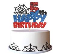 Spider Happy 5th Birthday Cake Topper - Cartoon Movie 5th Birthday Cake Supplies - Cheers to Five Years Old Party Decorations - Black Blue Red Glitter