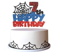 Spider Happy 7th Birthday Cake Topper - Cartoon Movie 7th Birthday Cake Supplies - Cheers to Seven Years Old Party Decorations - Black Blue Red Glitter