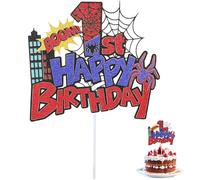 Spider Happy Birthday Cake Topper, Durable Glitter Red and Blue Spider Cartoon Themed Birthday Cake Cupcake Decoration Supplies Suitable for Boys Girls (Number 1)